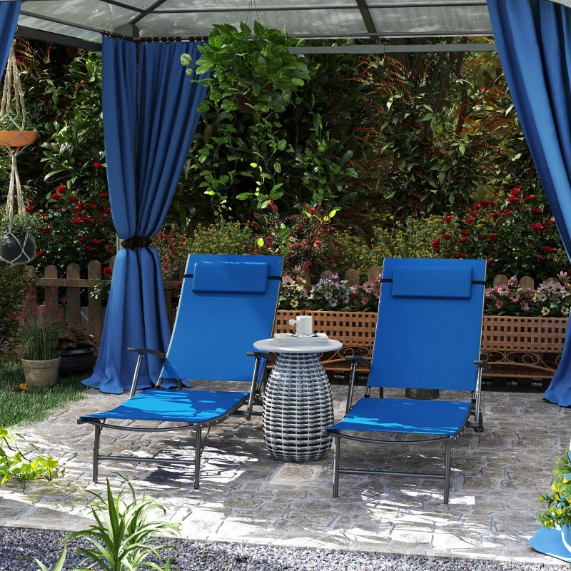 Set of 2 Blue Folding Sun Loungers - Adjustable 4 Position Outdoor Chaise Lounge Chairs with Armrests and Pillows, Steel Frame Sunbed Recliners for Garden, Patio, Beach and Poolside