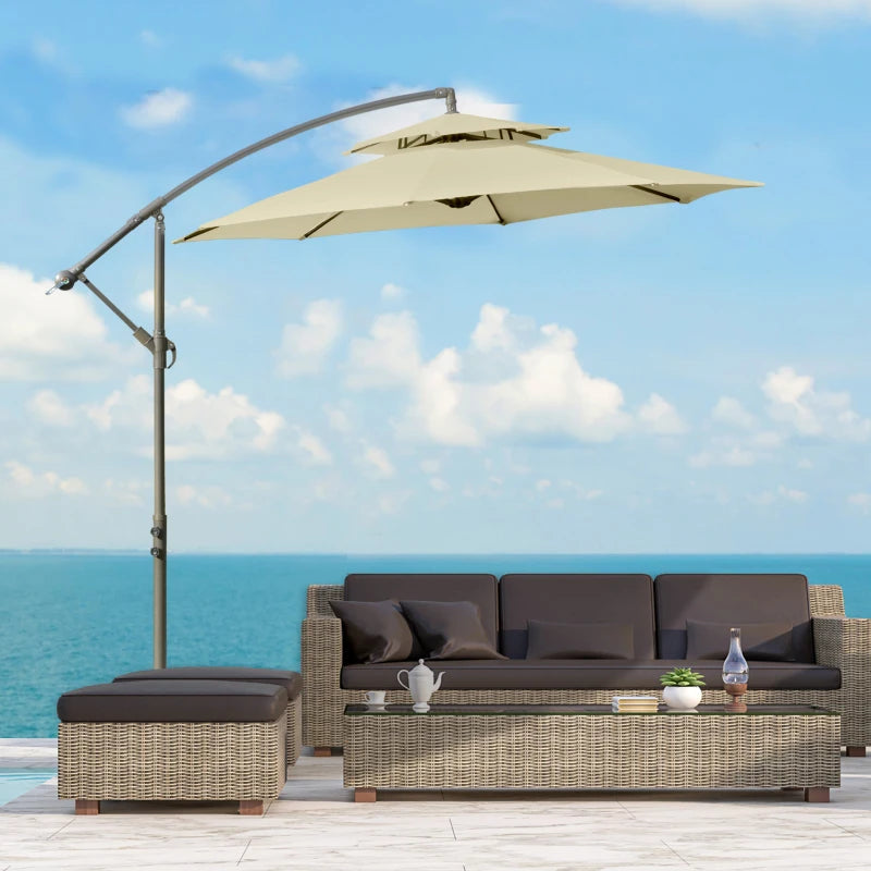 Beige Double Tier Cantilever Garden Umbrella with Crank Handle