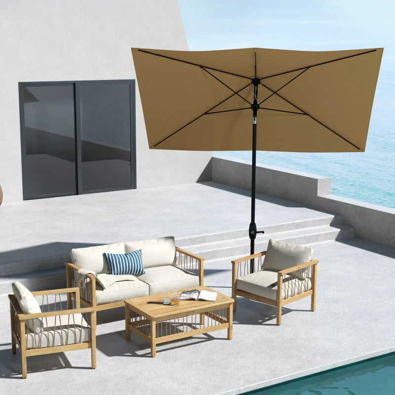 Brown Rectangular Garden Parasol Umbrella, 2x3m, Crank Tilt, Aluminium Pole