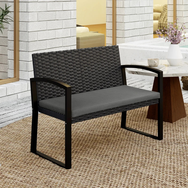 Two-Seater Rattan Garden Bench - Grey and Black Outdoor Seating