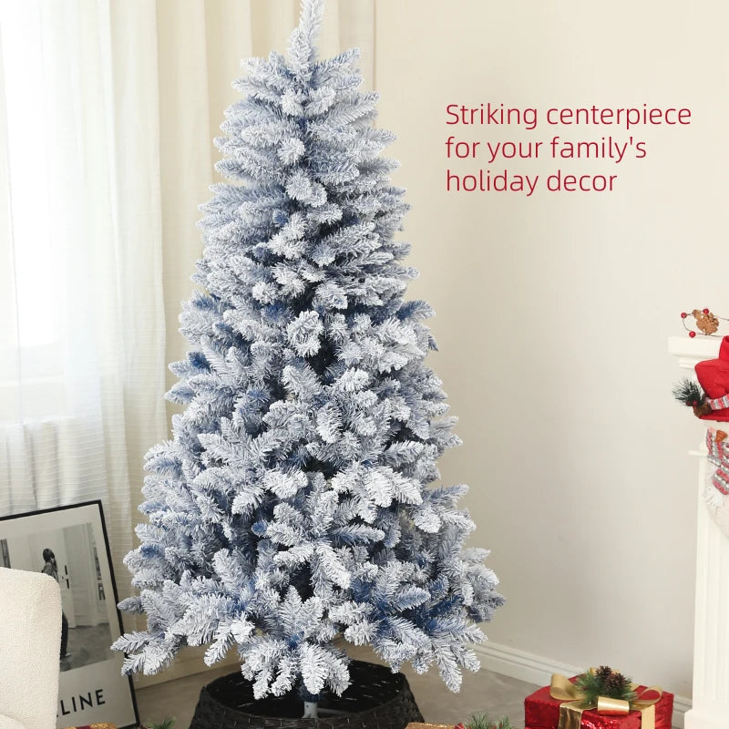 6ft Flocked Artificial Christmas Tree with 700 Snow Frosted Tips & Metal Stand - Snowy Hinged Xmas Tree in Blue
