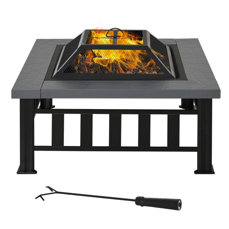 Large Square Metal Fire Pit with Cover & Grate - Outdoor BBQ Bonfire Stove for Backyard & Camping, 86x86cm, Black
