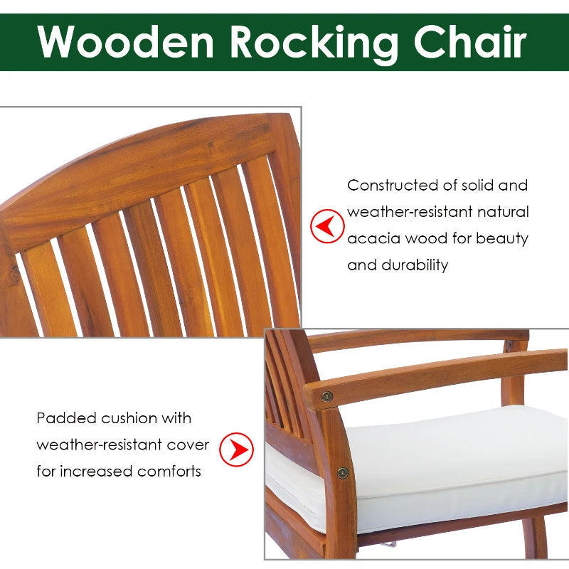 Acacia Wood Rocking Chair with Cushion - Indoor/Outdoor Rocker - Natural