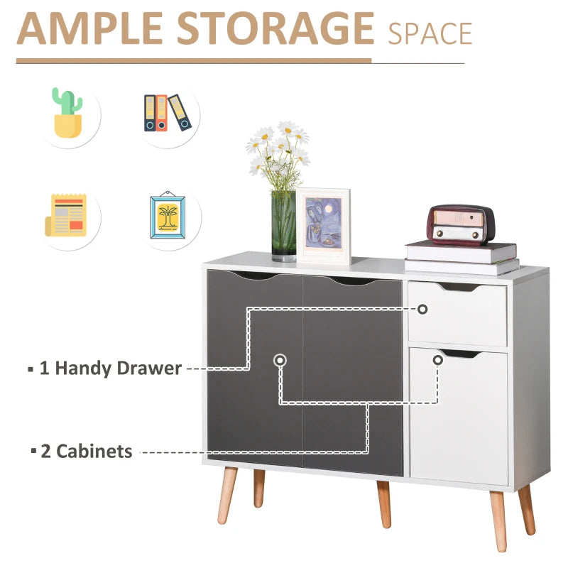 Stylish Grey Sideboard Storage Cabinet with Drawer & Solid Wood Legs - Perfect for Bedroom, Living Room & Home Office