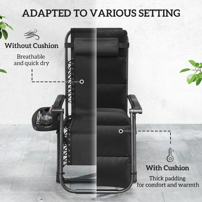 Set of Two Black Reclining Sun Loungers with Cushions - Outdoor Patio Furniture