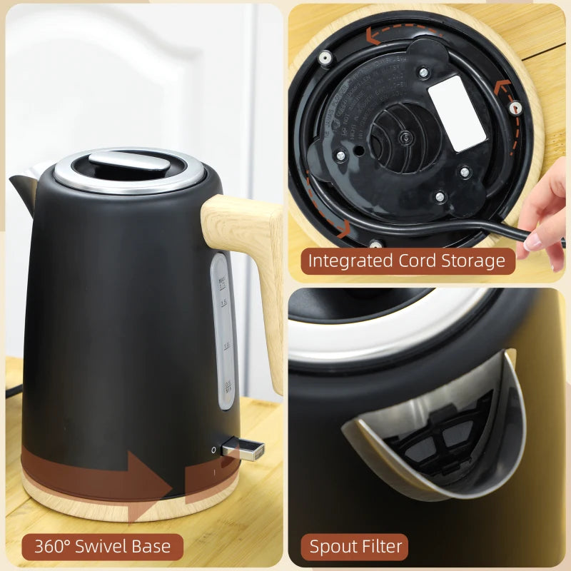 Stainless Steel Kettle & Toaster Set - 1.7L Fast Boil Kettle 3000W & 2 Slice Toaster with 7 Browning Levels, Black