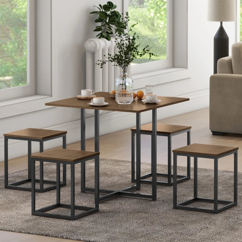 5-Piece Industrial Dining Table & Chairs Set - Space-Saving Metal Frame Square Kitchen Table & Stools - Brown Finish