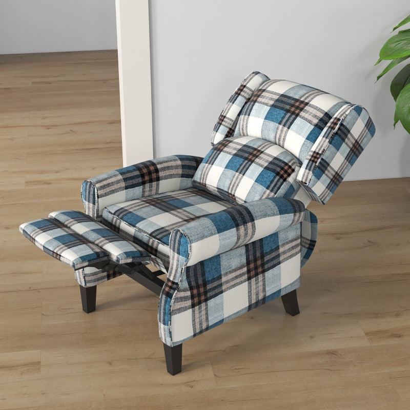 Wingback Reclining Chair with Footrest and Armrests for Living Room or Bedroom, Blue Fabric, Wooden Legs