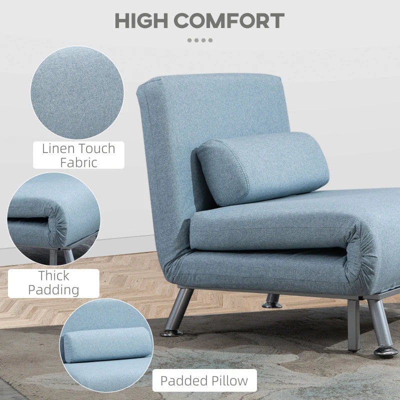 3-in-1 Convertible Linen Chair Bed with Adjustable Backrest and Pillow for Living Room or Bedroom in Sky Blue