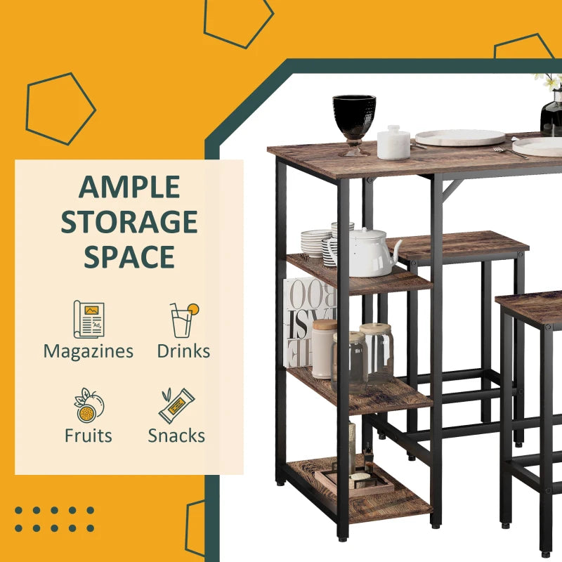 Industrial Bar Height Dining Table Set with 2 Stools & Side Shelf - 3 Piece Coffee Table for Dining Room & Kitchen