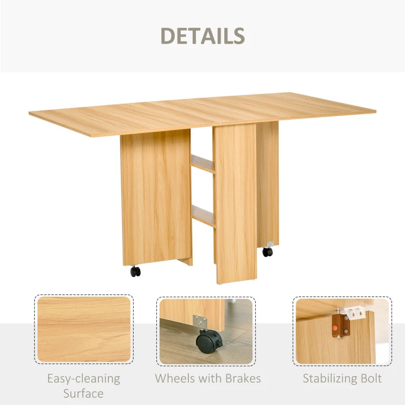 Folding Dining Table with Drop Leaf - Space-Saving Rectangular Tabletop & Storage Shelves for Kitchen & Dining Room - Teak Finish