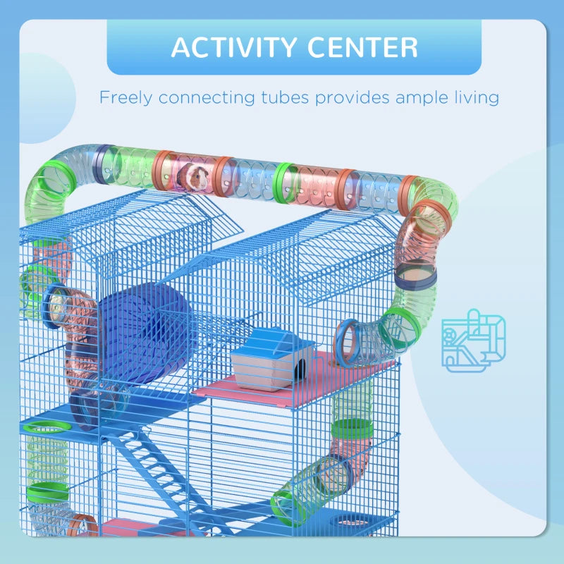 5-Tier Hamster Cage with Exercise Wheels, Tunnel Tube, Water Bottle & Dishes - Blue Habitat for Dwarf Mice