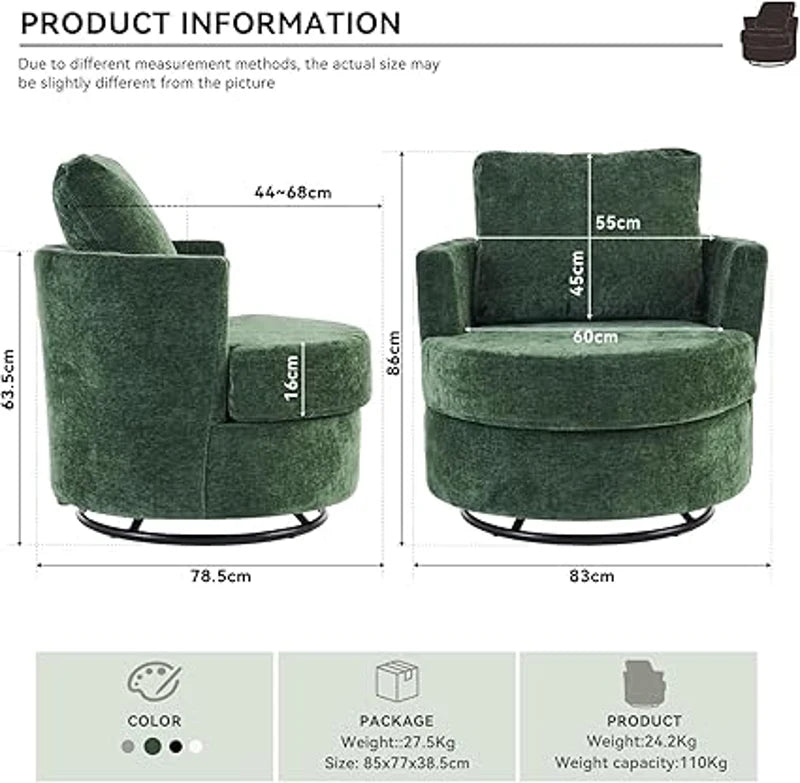 Stylish Green Chenille Swivel Office Chair with Back Cushion, Foam Padding, Wooden Frame, 360° Rotation, 78.5x83x86 cm