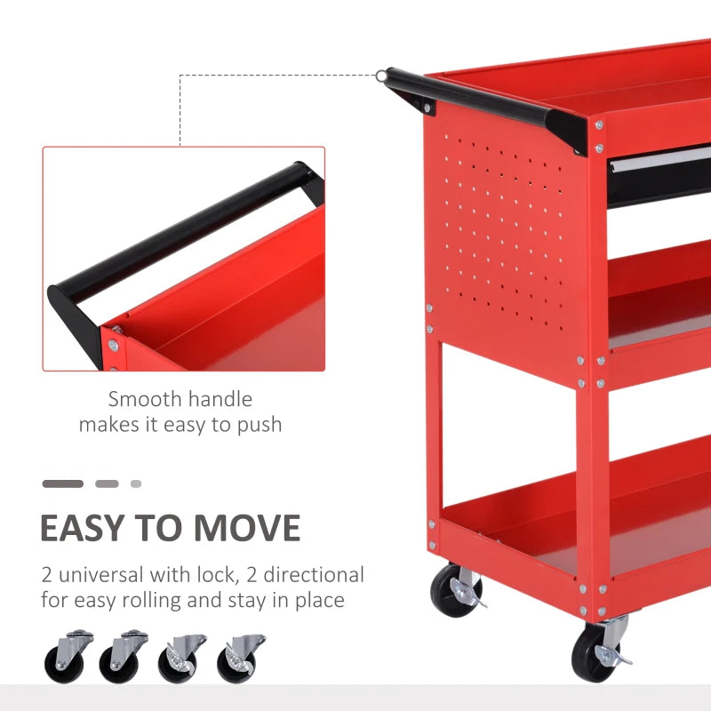 Red 3-Tier Tool Trolley with Drawer for Garage, Workshop