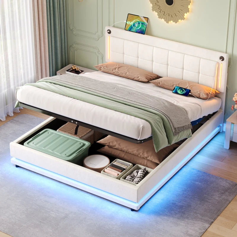 King Size LED Hydraulic Bed with Charging Station Adjustable Tufted Headboard Space Saving Design Beige