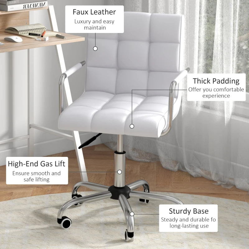 Home Office Chair and Computer Desk Set - Faux Leather Swivel Chair with Storage Shelf - Modern White Study Desk