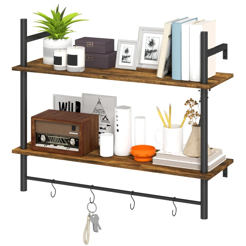 Rustic Wall Mounted Floating Shelves with 4 Hooks - Stylish Shelf Unit for Living Room & Entryway - Rustic Brown Finish