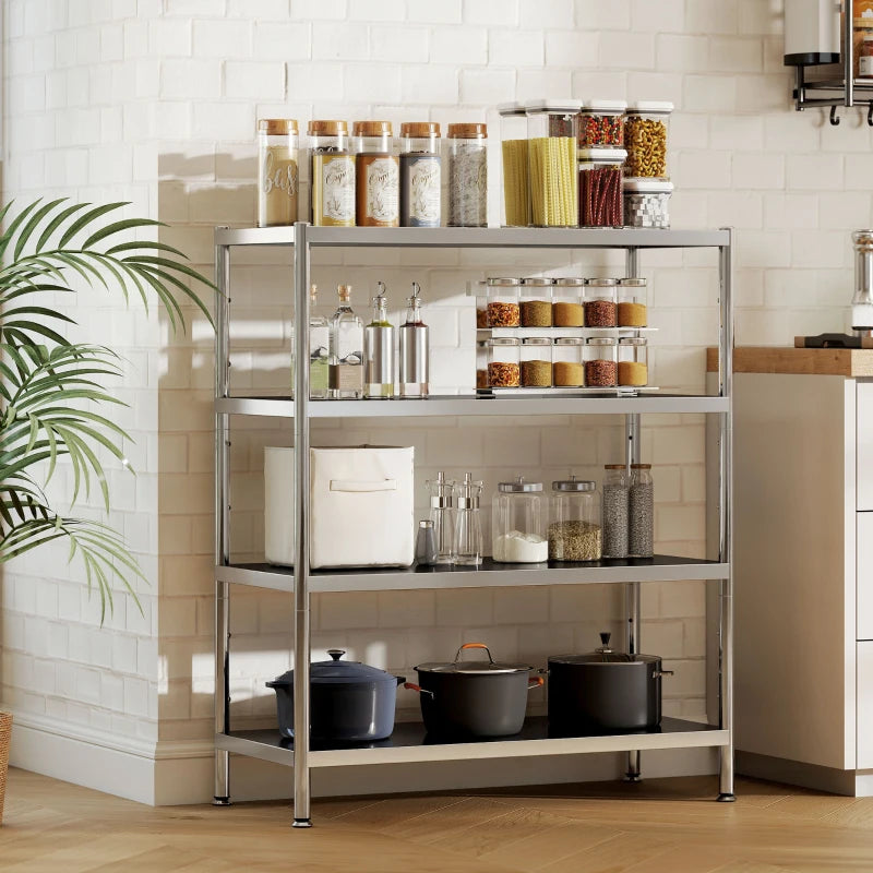 4-Tier Stainless Steel Bakers Rack with Adjustable Shelves - Kitchen Storage Unit for Spices, Pots & Pans - Silver Tone