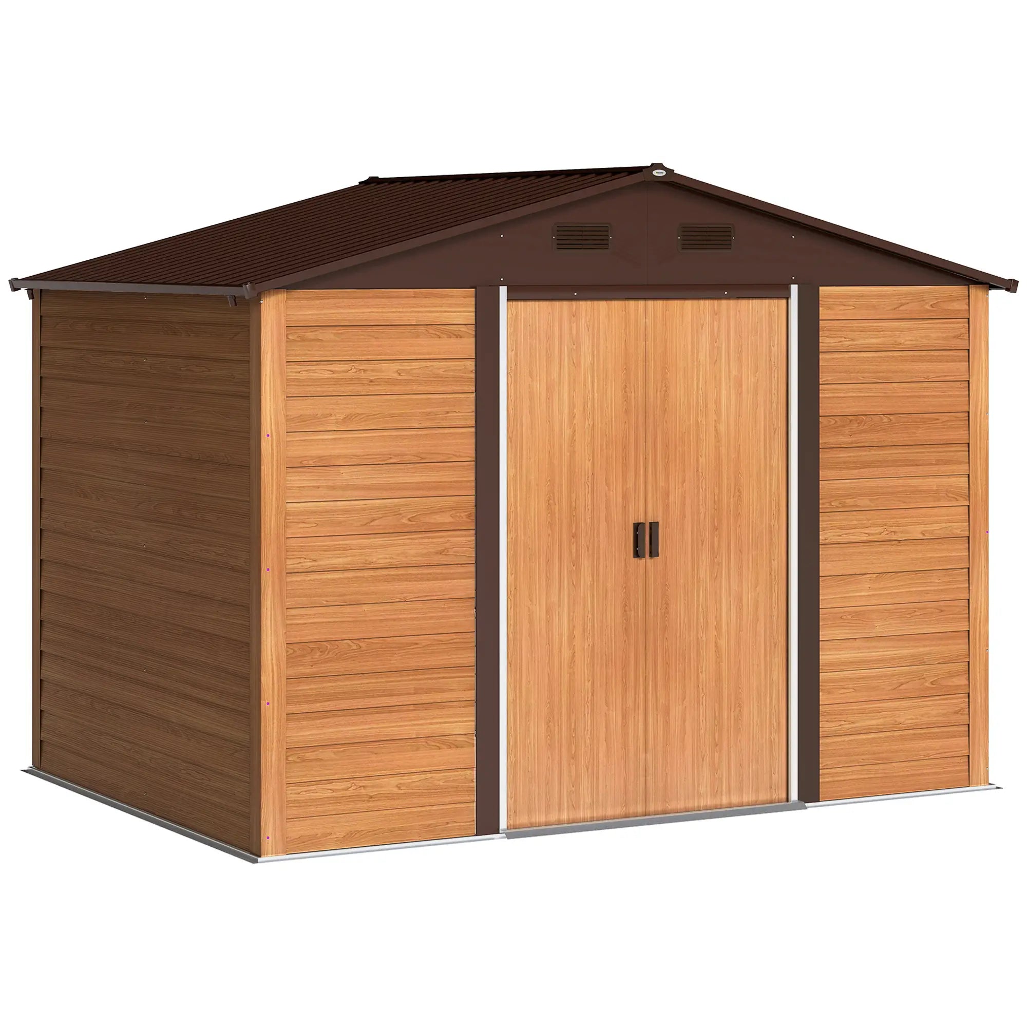 9ft x 6ft Galvanised Steel Shed - Brown Wood-Effect With Sliding Doors