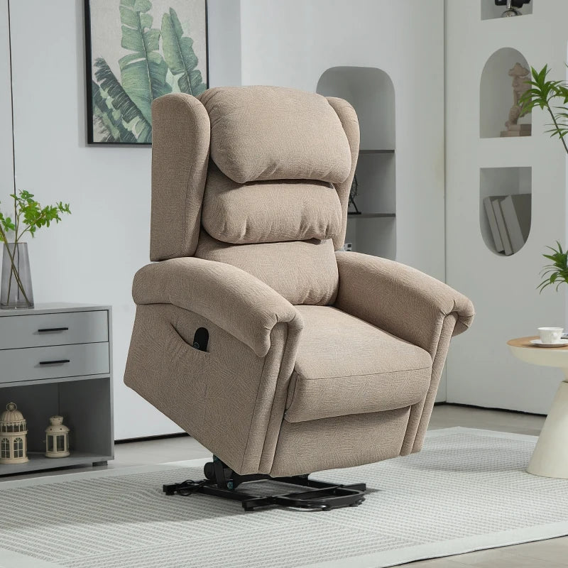 Velvet Electric Riser Recliner Chair for Elderly with Remote Control, Side Pockets and Thick Padded Back in Khaki