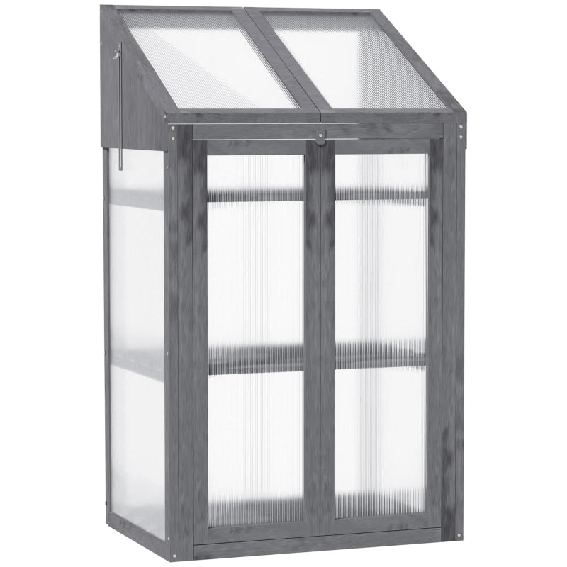 Grey Wooden Cold Frame Greenhouse with Openable Top Cover and Double Door, 70 x 50 x 120cm