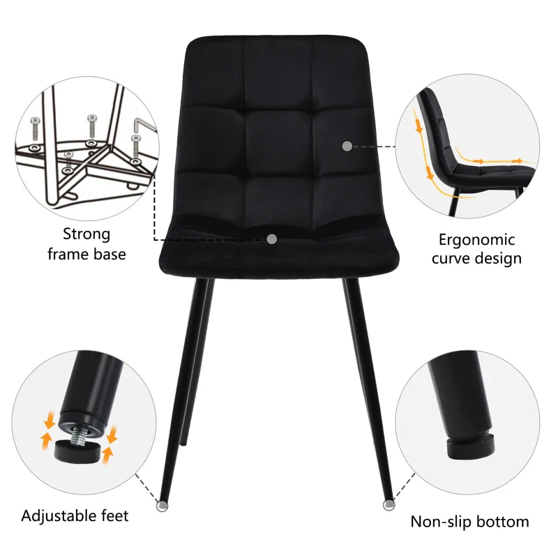 Set of 4 Ergonomic Velvet Dining Chairs with Upholstered Seat and Metal Frame in Black