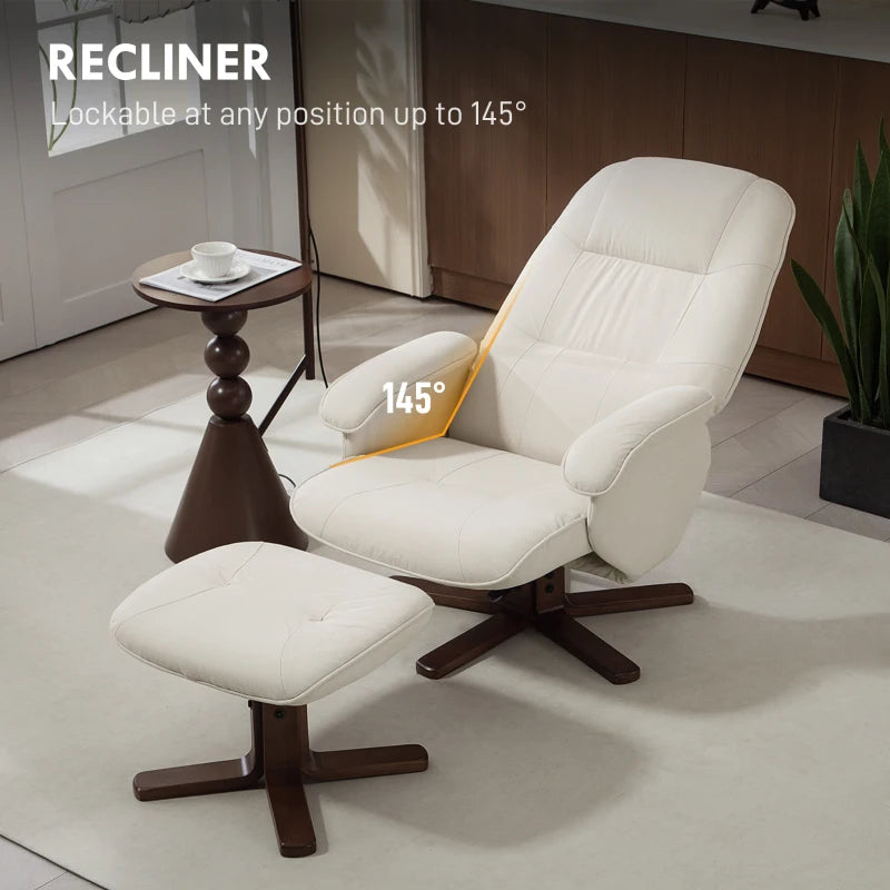 Linen Swivel Recliner Chair with Footstool Upholstered Reclining Armchair with Wooden Base for Living Room Beige