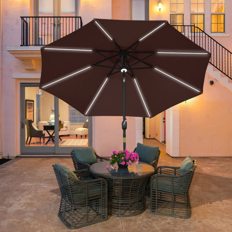 2.7m Solar LED Patio Umbrella with Crank Tilt - Coffee Brown