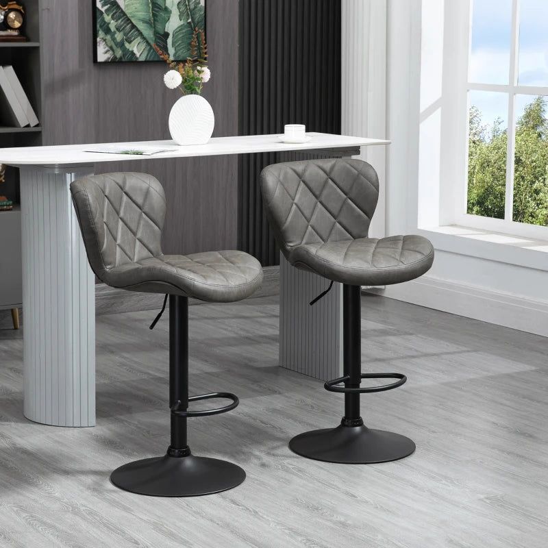 Set of 2 Dark Grey Swivel Bar Stools with Backrest & Footrest - Steel Frame, Diamond Pattern PU for Kitchen & Dining