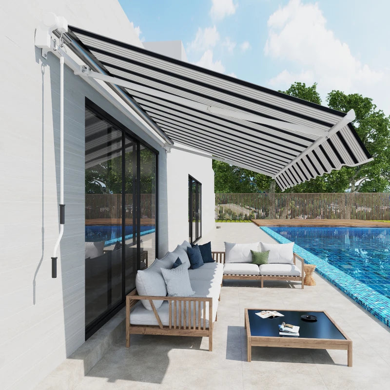 Blue and White Striped Retractable Awning Canopy (Manual)