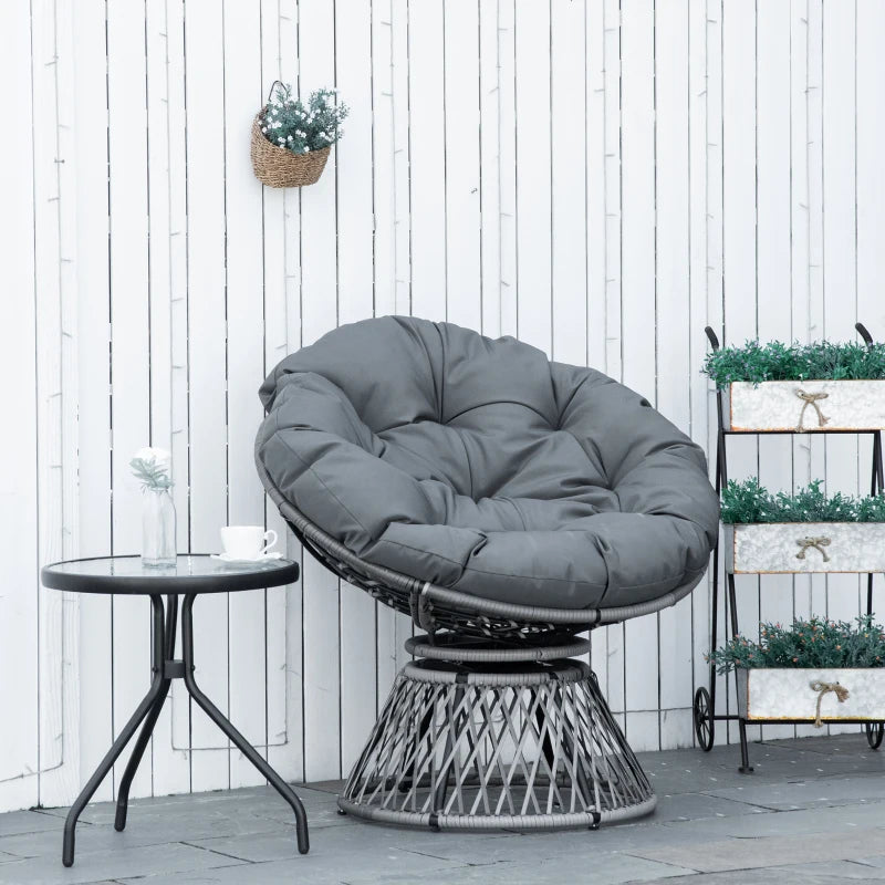 Grey Swivel Rattan Moon Bowl Chair with Padded Cushion