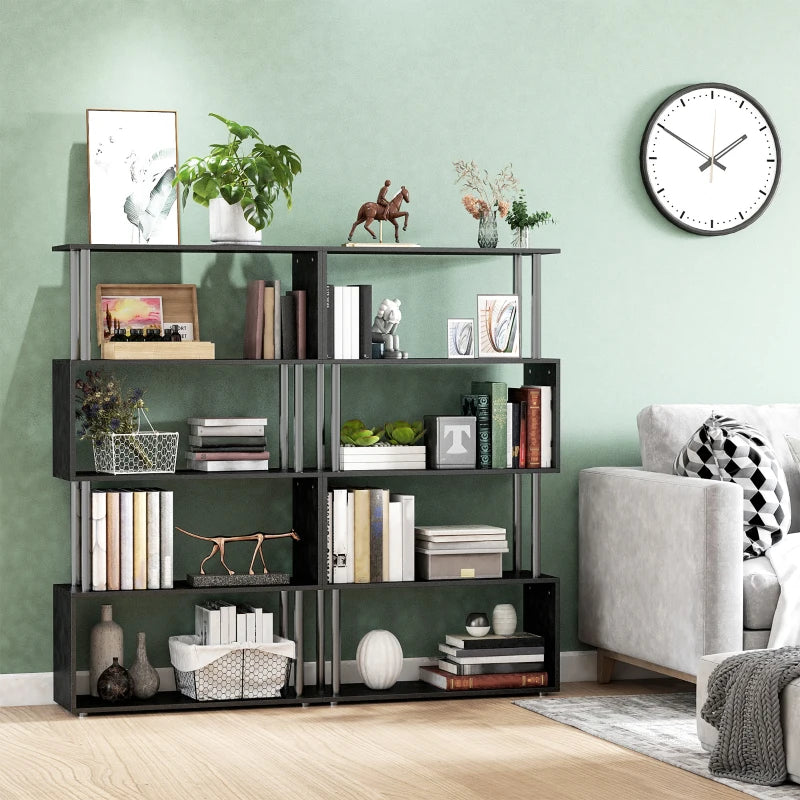 Modern S Shape Bookcase - 5 Tier Freestanding Bookshelf for Home Office, Study & Living Room - Black 80x30x145cm