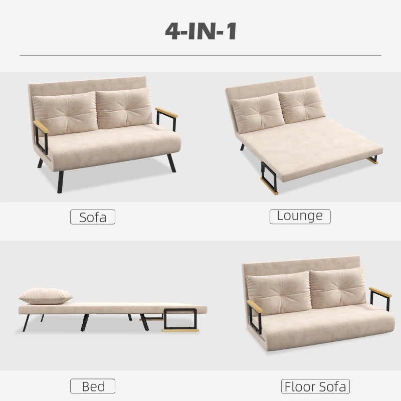 Velvet-Feel Double Sofa Bed with Pillows in Beige – Versatile 4-in-1 Design for Comfort and Style