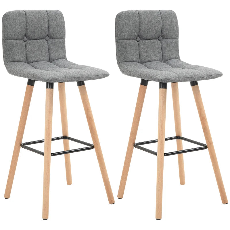 Breakfast Bar Stool Set of 2 - Armless Button-Tufted Counter Height Chairs with Wood Legs & Footrest in Grey