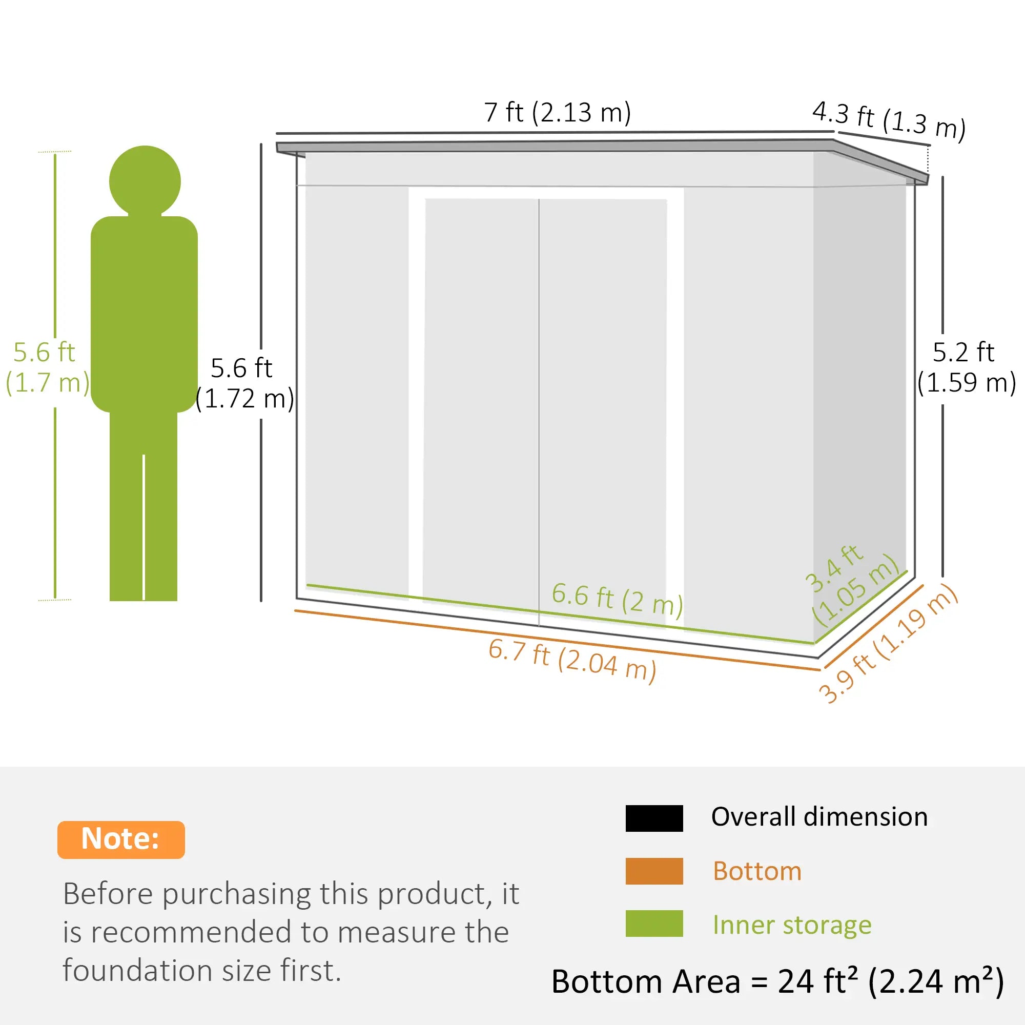 Green 7ft x 4ft Galvanised Steel Garden Shed with Foundation Kit