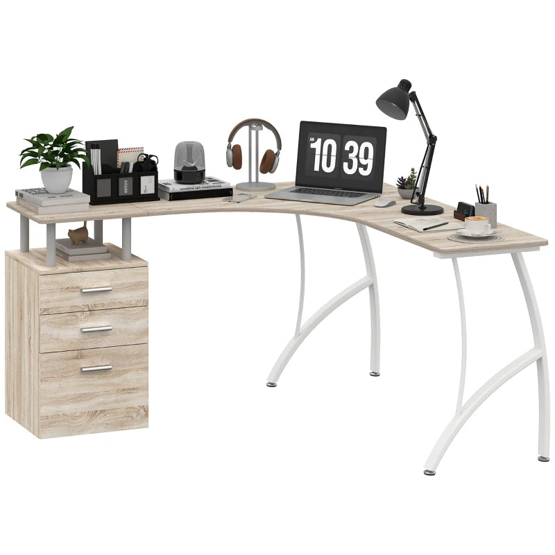 L-Shaped Computer Desk with Storage Drawer - Industrial Home Office Corner Workstation for A4 Files, Oak Finish, 143.5cm