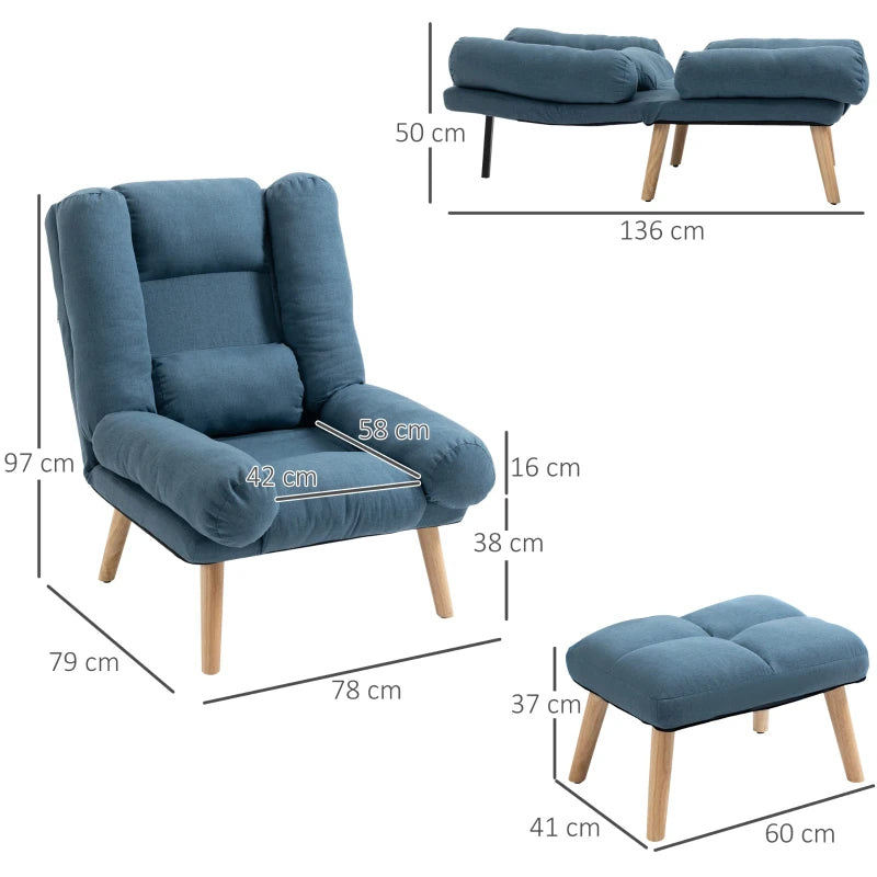 Blue Accent Armchair with Footstool, 180° Recliner and Adjustable Backrest, Stylish Wooden Legs for Living Room