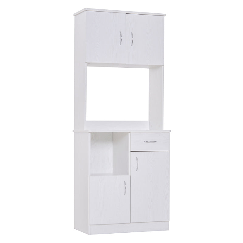 Tall White Kitchen Cupboard with Doors, Shelves, Drawer & Open Countertop - Versatile Storage Cabinet for Living & Dining Rooms