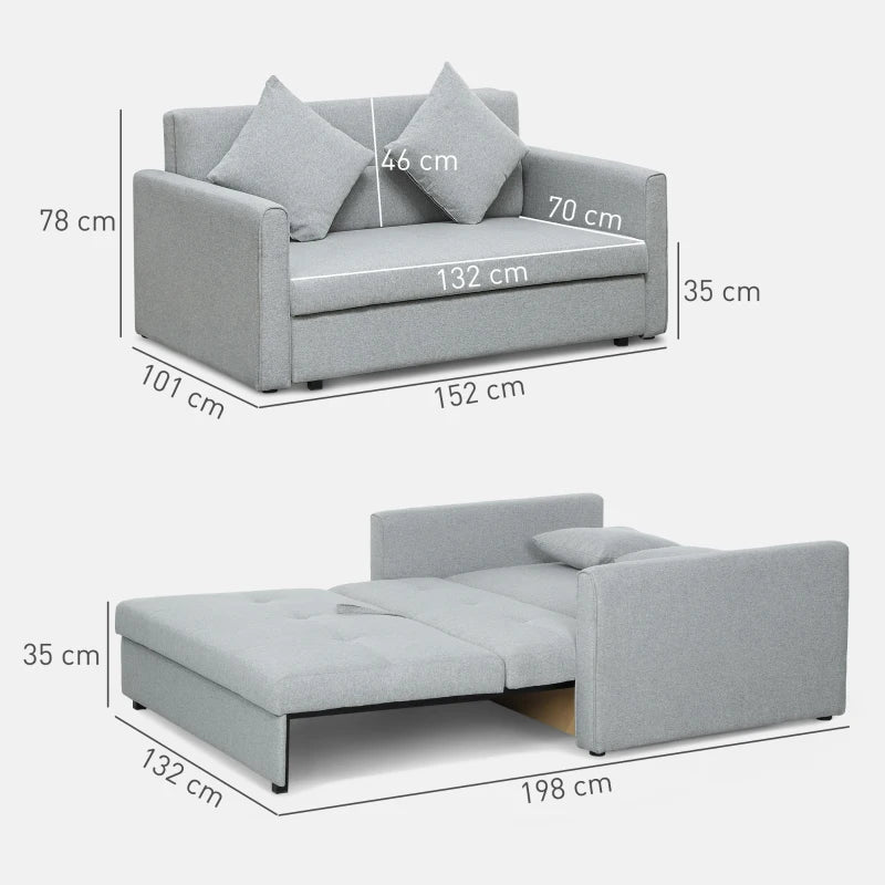 Modern 2 Seater Sofa Bed with Hidden Storage, Linen Loveseat Couch and Cushions for Living Room, Light Grey