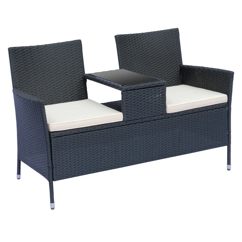 Black Rattan 2-Seater Outdoor Patio Loveseat with Drink Table