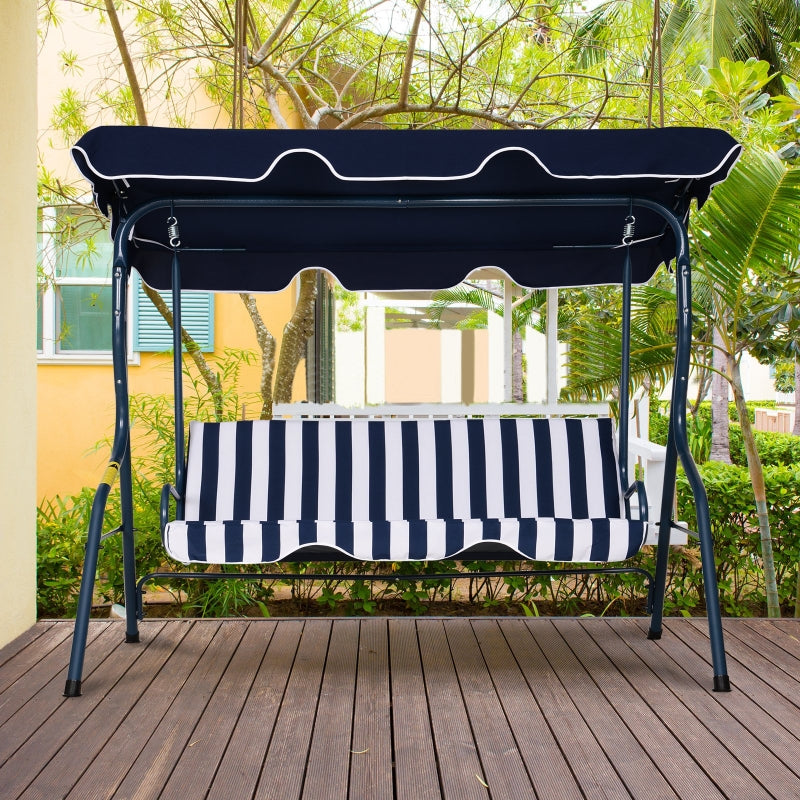 Blue Striped 3-Seater Outdoor Swing Chair with Adjustable Canopy