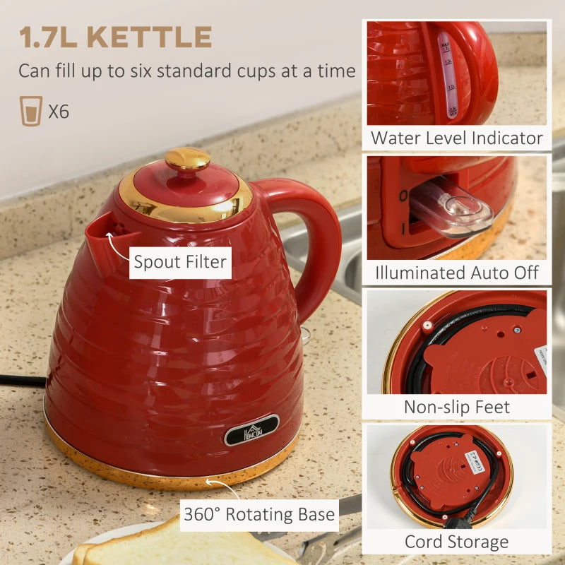 3000W Rapid Boil Kettle & 4 Slice Toaster Set - 1.7L Kettle with 7 Browning Controls, Crumb Tray, Red