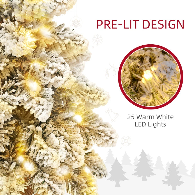 Set of 2 Mini 1.5ft Snow Flocked Christmas Trees with Lights - Battery Operated Tabletop Holiday Decor