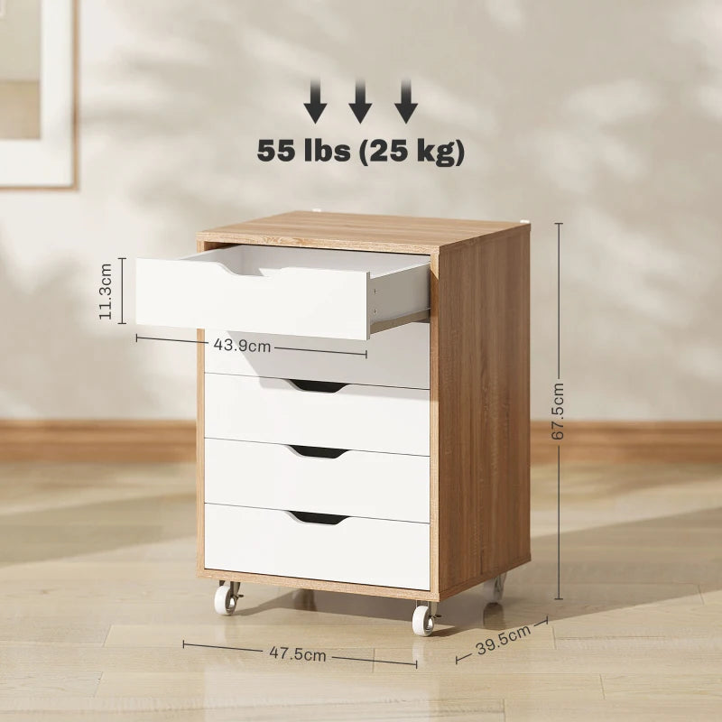Vinsetto Oak Brown Five-Drawer Filing Cabinet on Wheels - Stylish Storage Solution for Home Office & Workspace