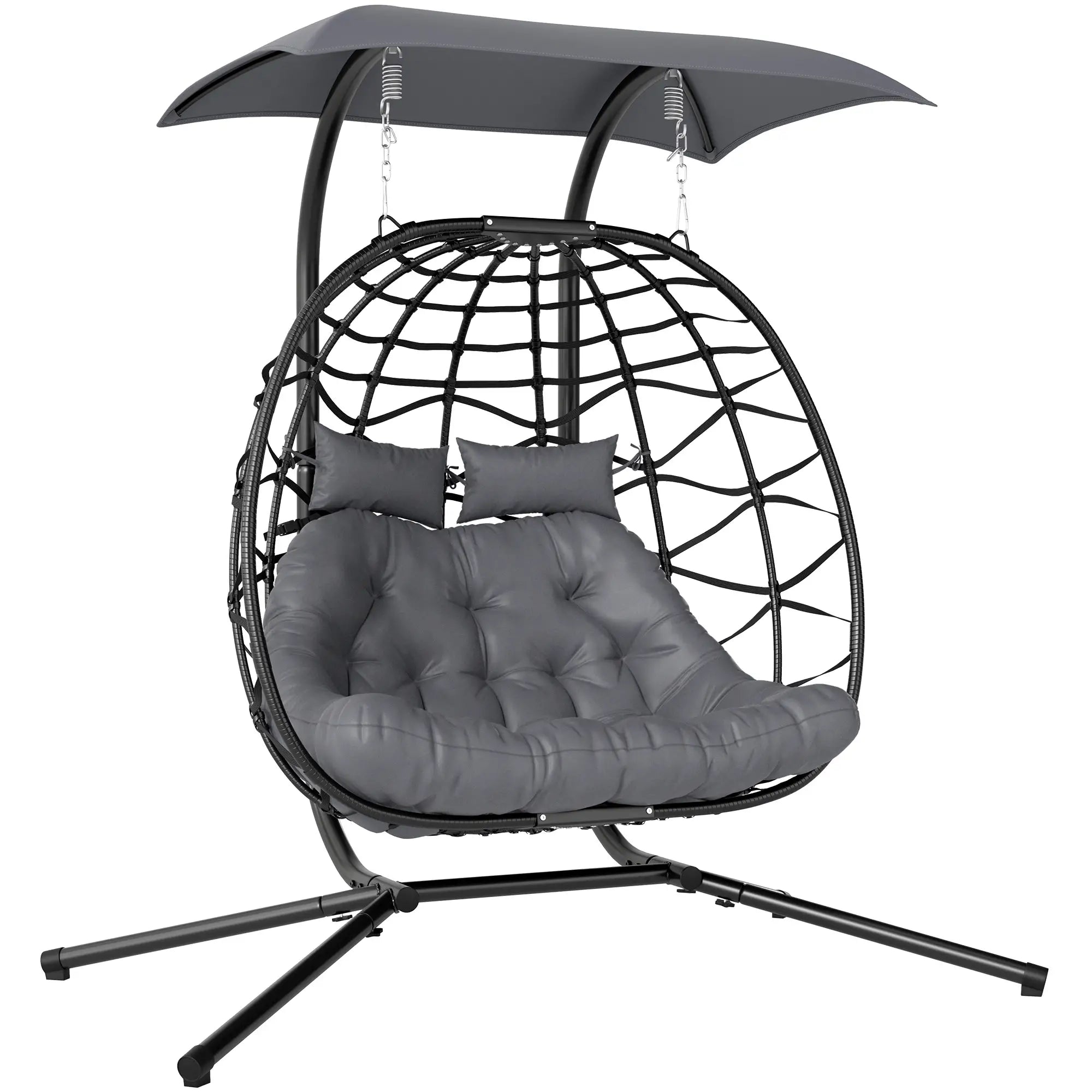 Rattan Double Hanging Egg Chair with Canopy - Foldable Swing/Egg Chair with Cushion, Head Pillows, Stand & Steel Frame