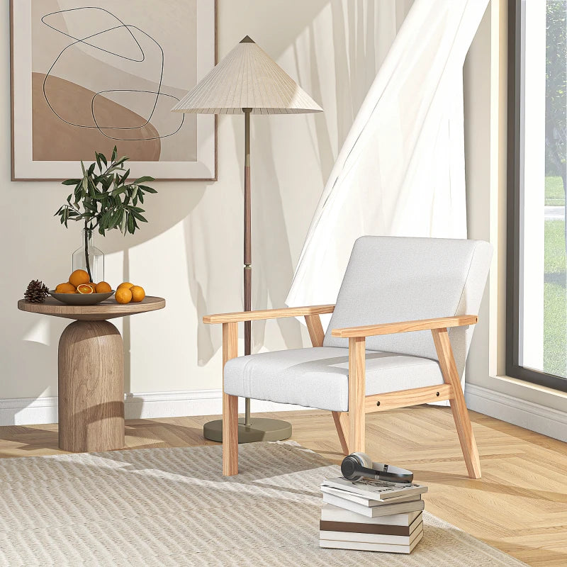 Stylish Cream White Accent Chair with Thick Linen Cushions and Wooden Frame for Home and Office