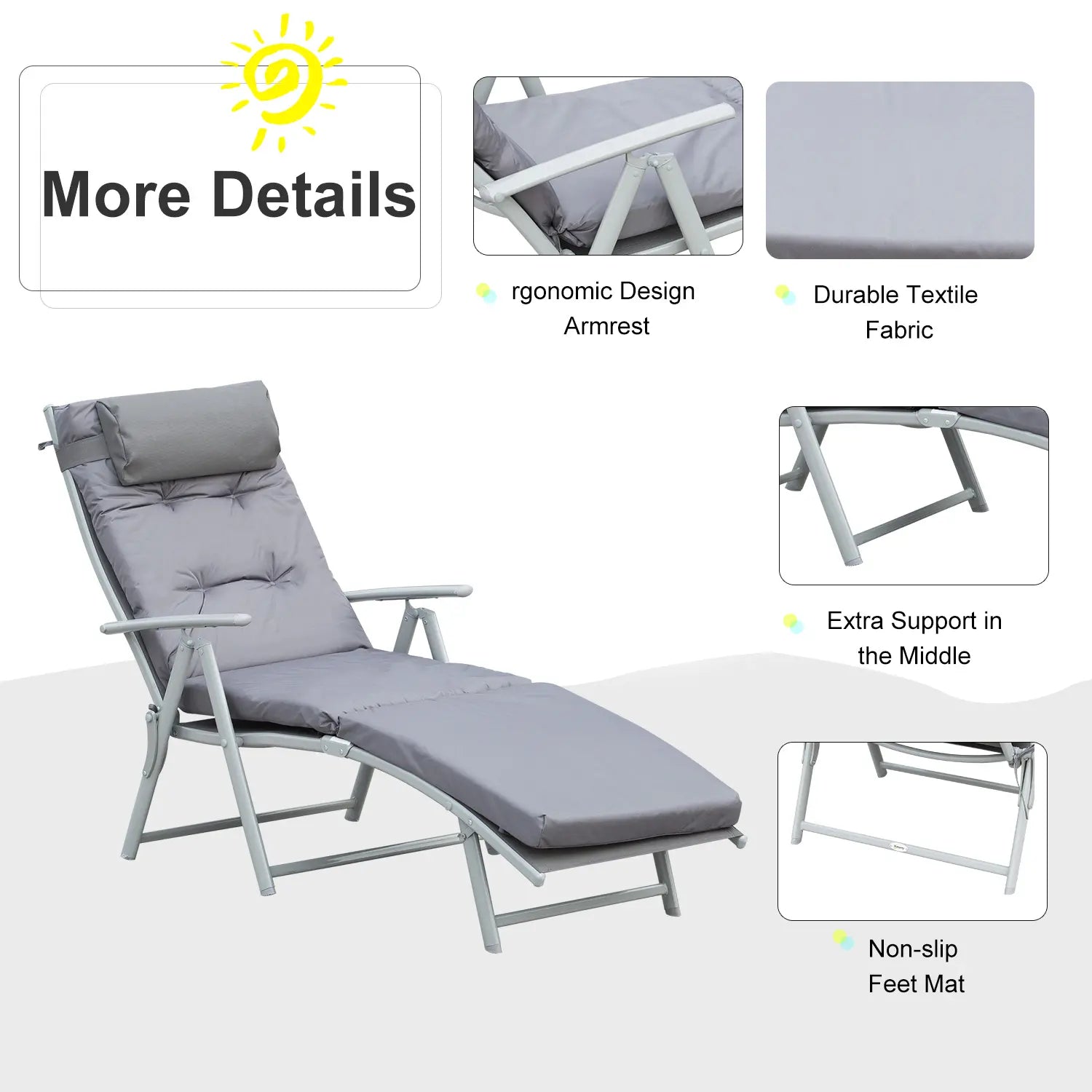 Grey Padded Sun Lounger With Pillow - Foldable