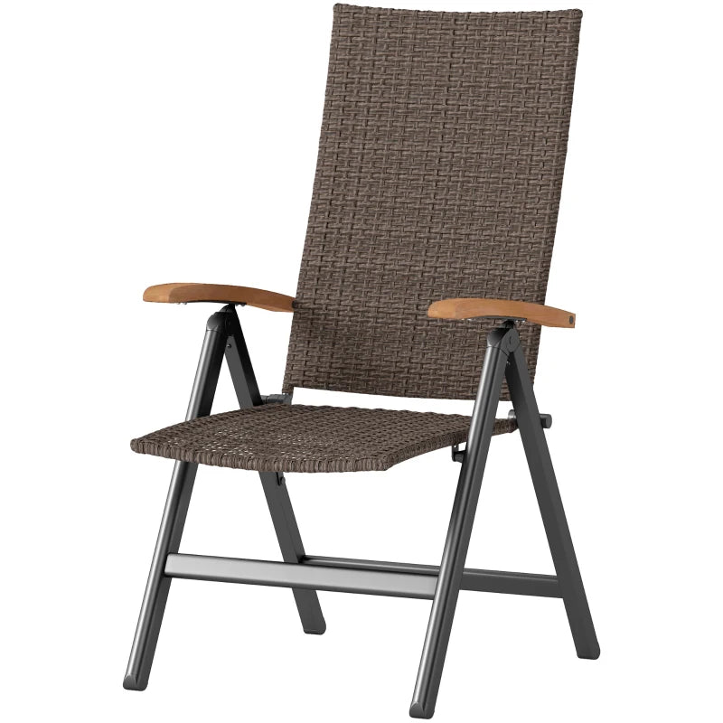 Folding Rattan Garden Dining Chair - 5-Level Reclining High Back, Wood Armrests, Outdoor Patio Furniture - Brown