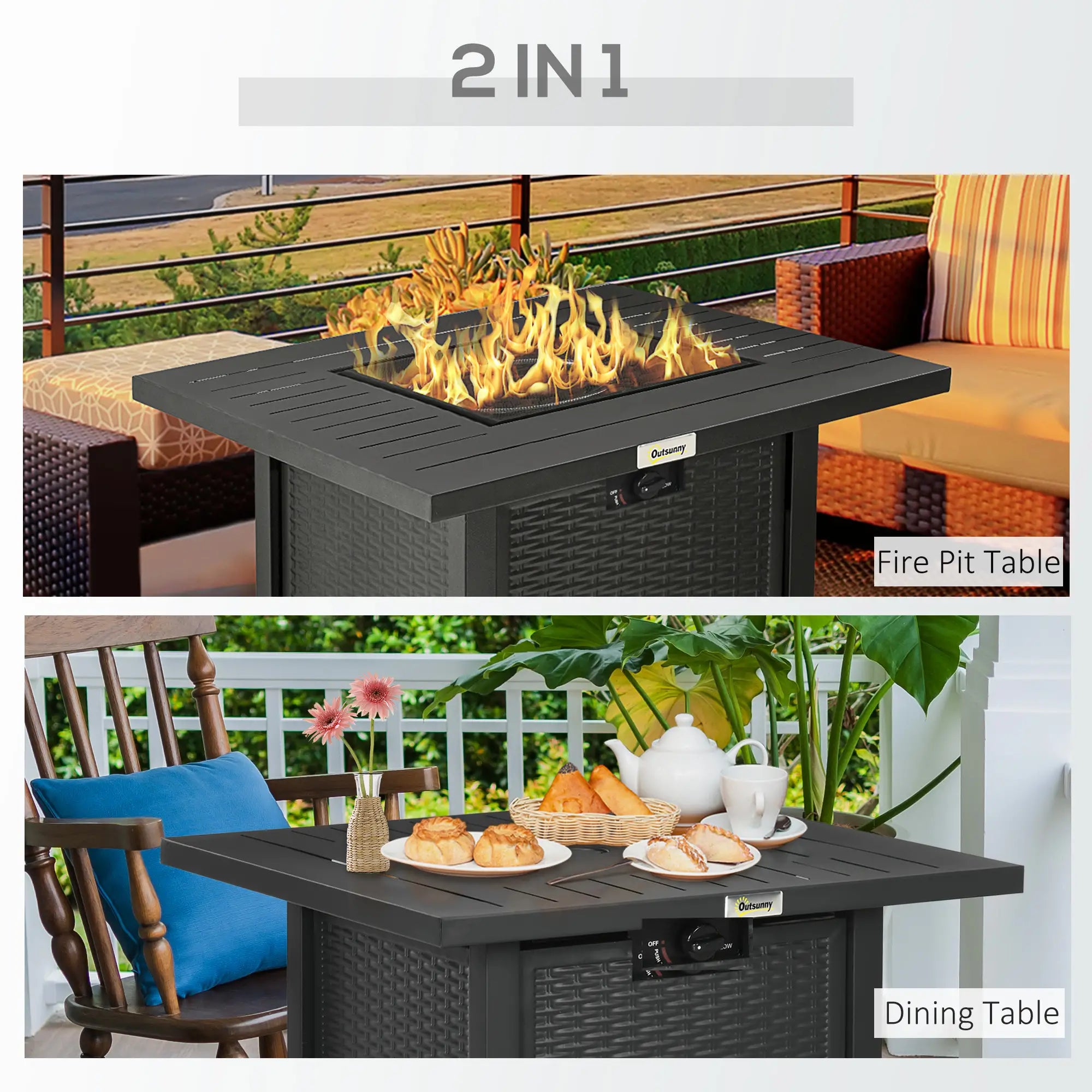 Rattan-style Propane Gas Fire Pit Table with 40,000 BTU Burner, Square Smokeless Firepit Patio Heater with Thermocouple, Lava Rocks, Waterproof Cover, Spark Guard and Lid, Black