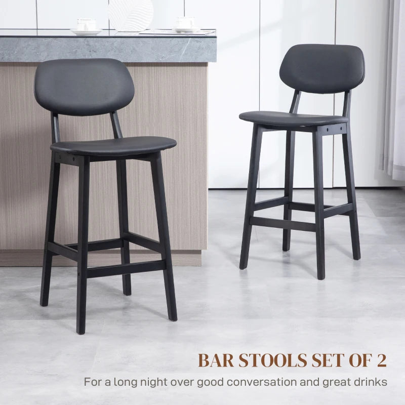 Set of 2 Classic Black Wooden Bar Stools with Faux Leather Seats - Stylish & Durable Design for Home or Bar